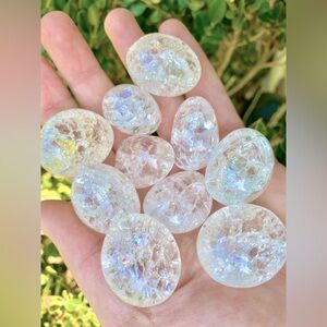 3 pieces of Iridescent Fire & Ice  Clear Quartz tumbled and polished Stones